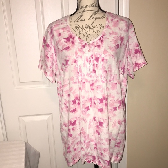 Woman Within Tops - Women half bottoms down shirt, fresh, pink floral design.